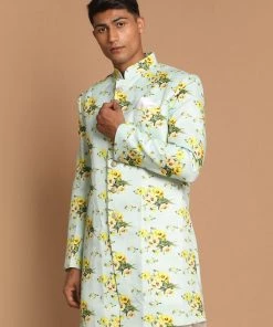 VASTRAMAY Men's Light Green Silk Blend Sherwani Only Top North