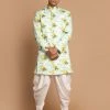 VASTRAMAY Men's Light Green Silk Blend Sherwani And White Dhoti Set North