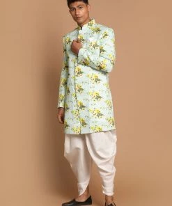 VASTRAMAY Men's Light Green Silk Blend Sherwani And White Dhoti Set North