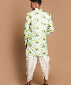 VASTRAMAY Men's Light Green Silk Blend Sherwani And White Dhoti Set North