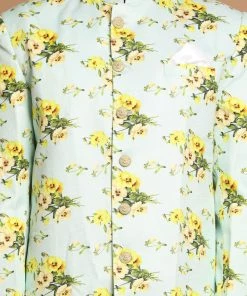 VASTRAMAY Men's Light Green Silk Blend Sherwani And White Dhoti Set North