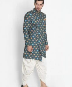 Vastramay Men's Dark Green Silk Blend Sherwani Set Sherwani/Indowestern Sets