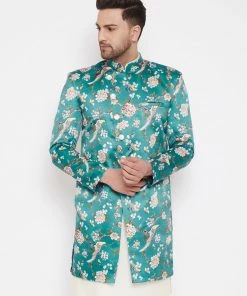 Vastramay Men's Multicolor Base Blue Silk Blend Sherwani Top