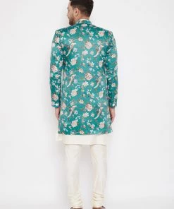 Vastramay Men's Multicolor Base Blue Silk Blend Sherwani Set