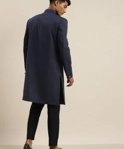 VASTRAMAY Men's Navy Blue & Black Solid Bandhgala Sherwani Sherwani/Indowestern Sets