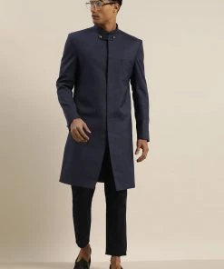 VASTRAMAY Men's Navy Blue & Black Solid Bandhgala Sherwani Sherwani/Indowestern Sets