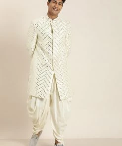 Sherwani/Indowestern Sets Vastramay Men Cream-Coloured Mirror Work Indo Western Sherwani Set
