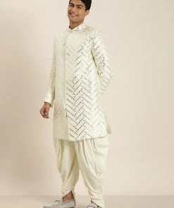 Sherwani/Indowestern Sets Vastramay Men Cream-Coloured Mirror Work Indo Western Sherwani Set
