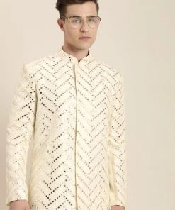 Vastramay Men's Cream Mirror Work Indo Western Sherwani Set Kurta Sets