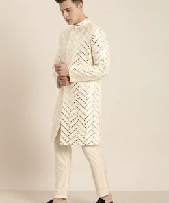 Vastramay Men's Cream Mirror Work Indo Western Sherwani Set Kurta Sets