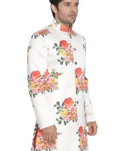 VASTRAMAY Men' Off White Floral Print Sherwani Top Sherwani/Indowestern Sets