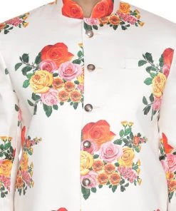 VASTRAMAY Men' Off White Floral Print Sherwani Top Sherwani/Indowestern Sets