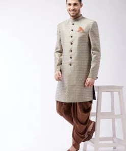 Vastramay Sherwani/Indowestern Men's Beige Silk Blend Sherwani Only Top