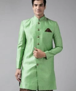 Sherwani/Indowestern Sets VASTRAMAY Men's Green Silk Blend Sherwani Top