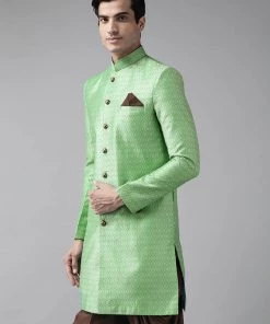 Sherwani/Indowestern Sets VASTRAMAY Men's Green Silk Blend Sherwani Top