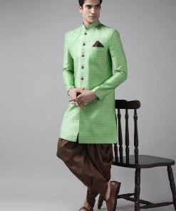 Sherwani/Indowestern Sets VASTRAMAY Men's Green Silk Blend Sherwani Top