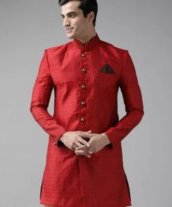 VASTRAMAY Men's Maroon Silk Blend Sherwani Top
