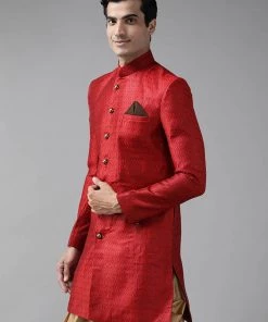 VASTRAMAY Men's Maroon Silk Blend Sherwani Top