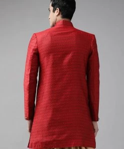 VASTRAMAY Men's Maroon Silk Blend Sherwani Top