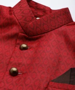 VASTRAMAY Men's Maroon Silk Blend Sherwani Top