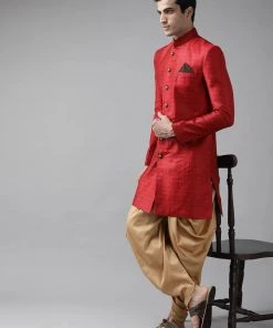 VASTRAMAY Men's Maroon Silk Blend Sherwani Top