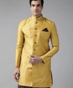 VASTRAMAY Men's Mustard Yellow Sik Blend Sherwani Top
