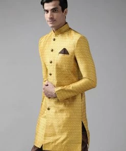 VASTRAMAY Men's Mustard Yellow Sik Blend Sherwani Top
