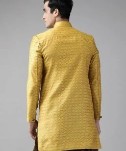 VASTRAMAY Men's Mustard Yellow Sik Blend Sherwani Top