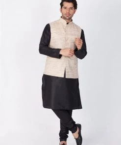 Vastramay Men's Black Cotton Silk Blend Kurta, Ethnic Jacket And Pyjama Set
