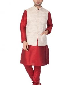 Vastramay Men's Maroon Cotton Silk Blend Kurta, Ethnic Jacket And Pyjama Set