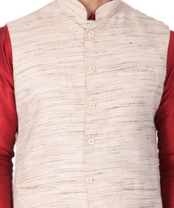Vastramay Men's Maroon Cotton Silk Blend Kurta, Ethnic Jacket And Pyjama Set