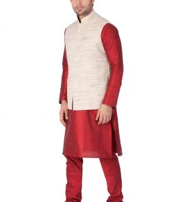 Vastramay Men's Maroon Cotton Silk Blend Kurta, Ethnic Jacket And Pyjama Set