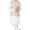 Vastramay Men's White Cotton Blend Kurta, Ethnic Jacket And Pyjama Set
