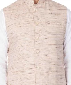 Vastramay Men's White Cotton Blend Kurta, Ethnic Jacket And Pyjama Set
