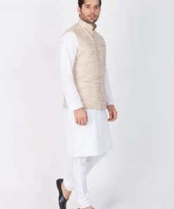 Vastramay Men's White Cotton Blend Kurta, Ethnic Jacket And Pyjama Set