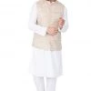 Vastramay Men's White Cotton Blend Kurta, Ethnic Jacket And Pyjama Set