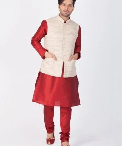 VASTRAMAY Men's Beige Cotton Blend Ethnic Jacket