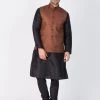 VASTRAMAY Men's Black Cotton Silk Blend Kurta, Ethnic Jacket And Pyjama Set
