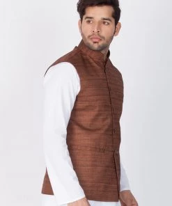 VASTRAMAY Men's Brown Cotton Blend Ethnic Jacket Buy 1 Get 1