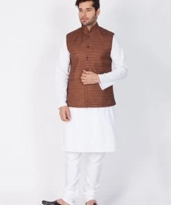 VASTRAMAY Men's Brown Cotton Blend Ethnic Jacket Buy 1 Get 1