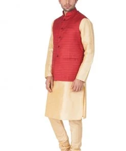 VASTRAMAY Men's Gold Cotton Silk Blend Kurta, Ethnic Jacket And Pyjama Set Kurta Sets