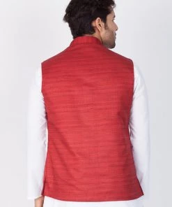 VASTRAMAY Men's Maroon Cotton Blend Ethnic Jacket Nehru Jacket