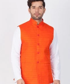 VASTRAMAY Men's Orange Cotton Blend Nehru Jacket