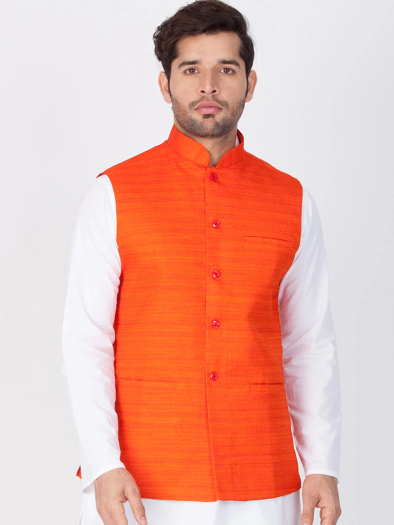 VASTRAMAY Men's Orange Cotton Blend Nehru Jacket 3 VASTRAMAY Men's Orange Cotton Blend Nehru Jacket