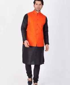 Vastramay Men's Black Cotton Silk Blend Kurta, Ethnic Jacket And Pyjama Set 14 Vastramay Men's Black Cotton Silk Blend Kurta, Ethnic Jacket And Pyjama Set