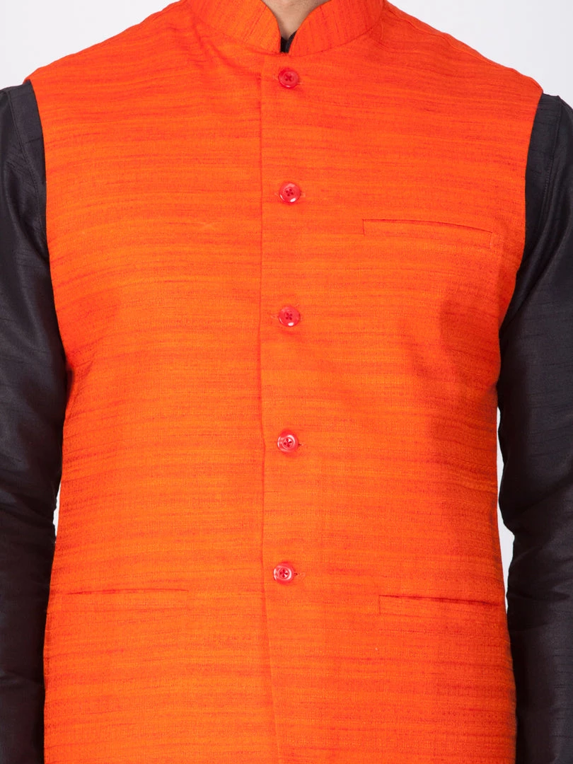 Vastramay Men's Black Cotton Silk Blend Kurta, Ethnic Jacket And Pyjama Set 5 Vastramay Men's Black Cotton Silk Blend Kurta, Ethnic Jacket And Pyjama Set