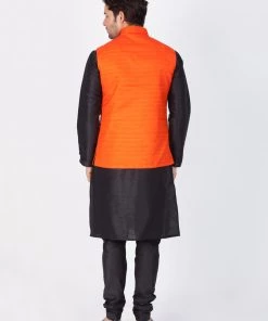 Vastramay Men's Black Cotton Silk Blend Kurta, Ethnic Jacket And Pyjama Set 12 Vastramay Men's Black Cotton Silk Blend Kurta, Ethnic Jacket And Pyjama Set