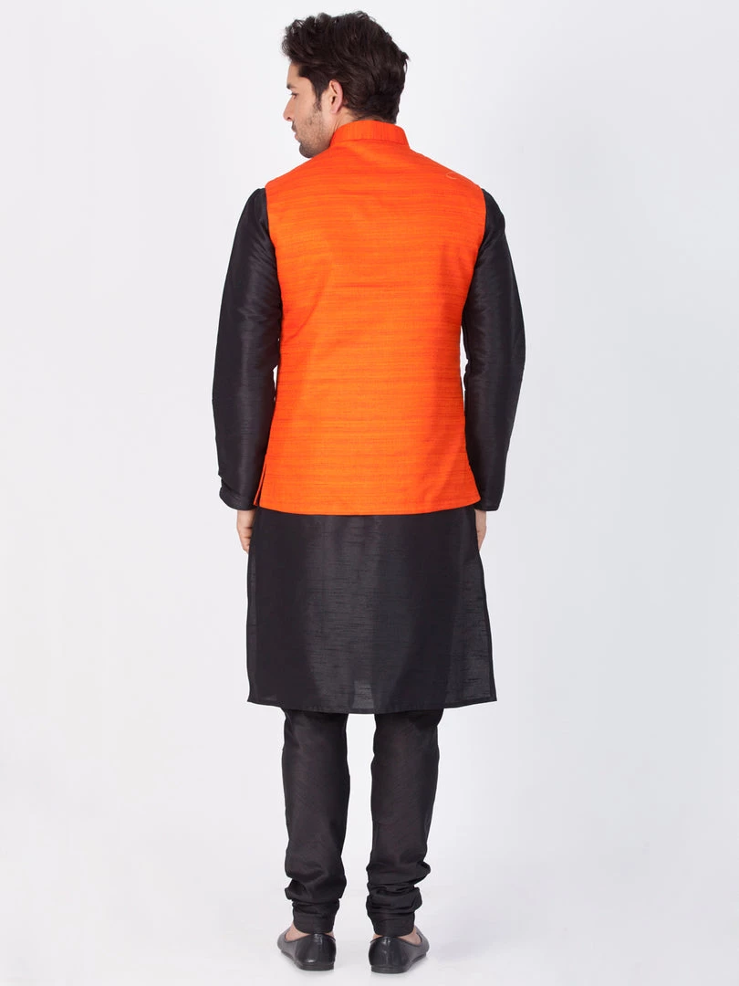 Vastramay Men's Black Cotton Silk Blend Kurta, Ethnic Jacket And Pyjama Set 6 Vastramay Men's Black Cotton Silk Blend Kurta, Ethnic Jacket And Pyjama Set