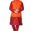 Vastramay Men's Maroon Cotton Silk Blend Kurta, Ethnic Jacket And Pyjama Set