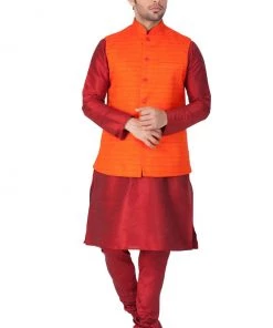 Vastramay Men's Maroon Cotton Silk Blend Kurta, Ethnic Jacket And Pyjama Set